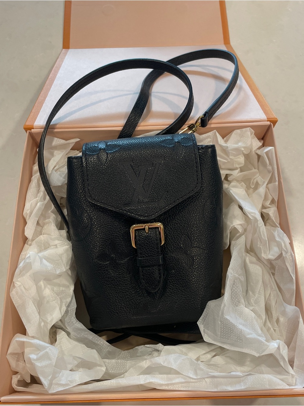 Louis Vuitton Black Embossed Monogram Crossbody Bag with Gold-tone Buckle